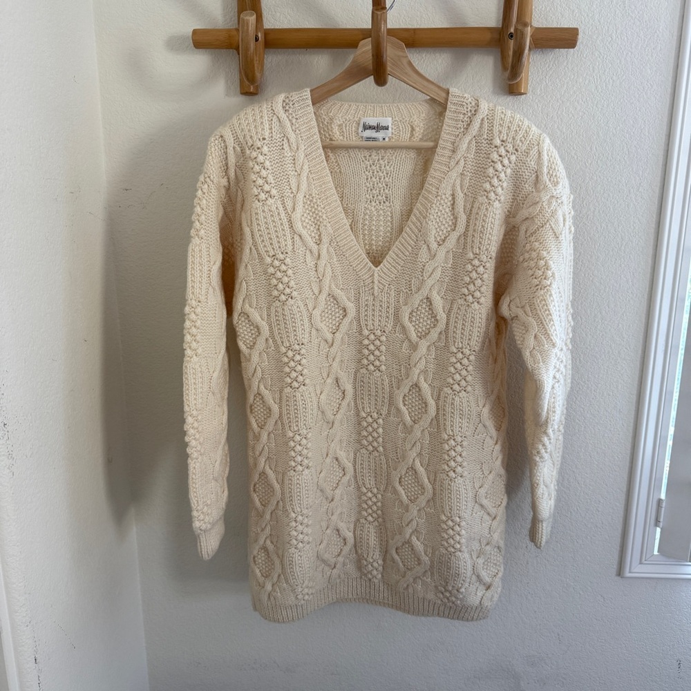 Vintage Neiman Marcus ivory V-neck Cable Knit Sweater mini  Dress 100% wool